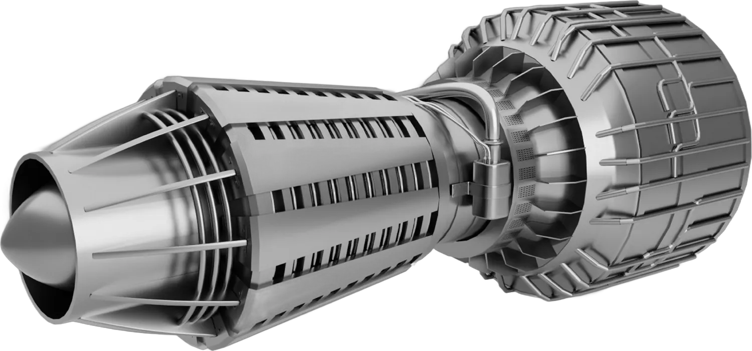 A jet engine, its nozzle pointing at the headline