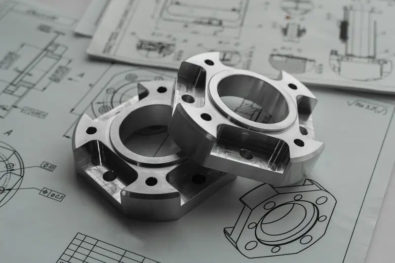 Two machined metal parts on engineering drawings