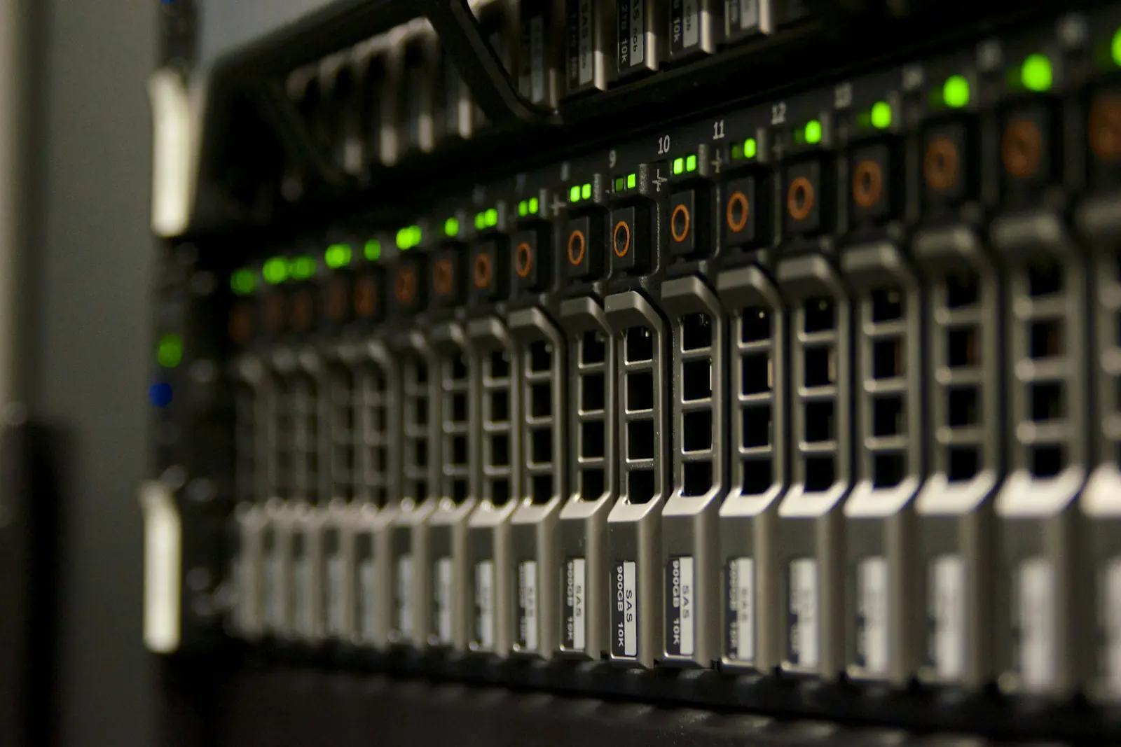 Close-up of a server rack with status lights