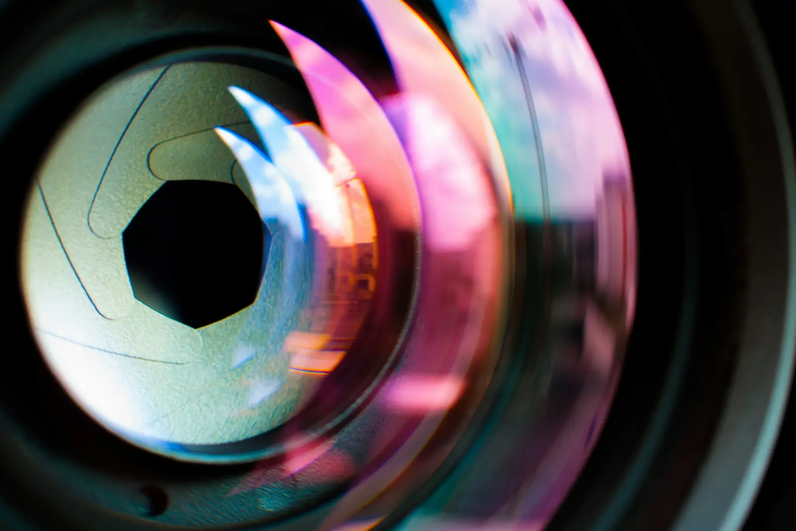 Close-up of a camera lens aperture