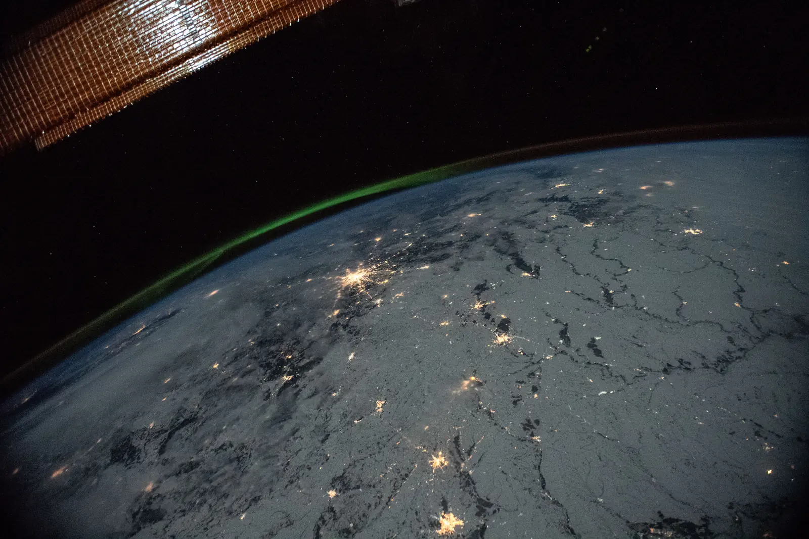 City lights on the night side of the Earth, seen from orbit